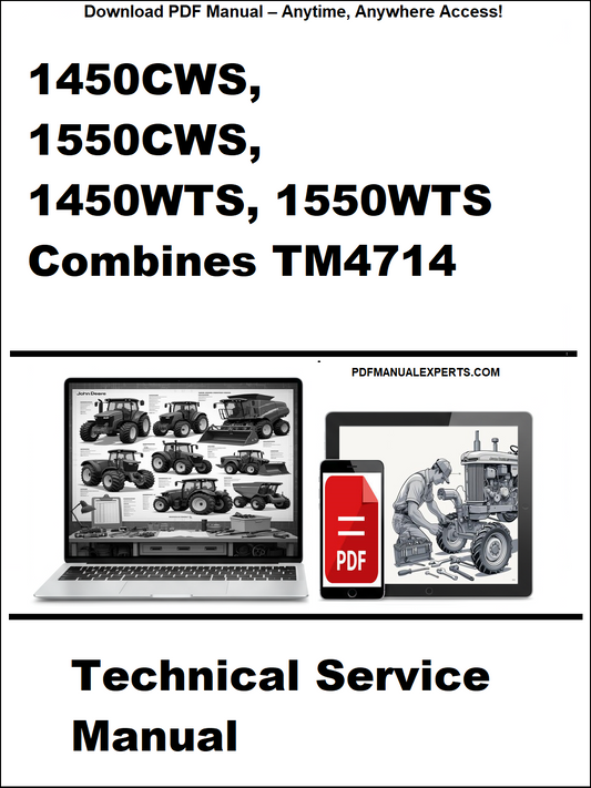 Technical service manual for John Deere combines with laptop and toolbox graphic on a white background