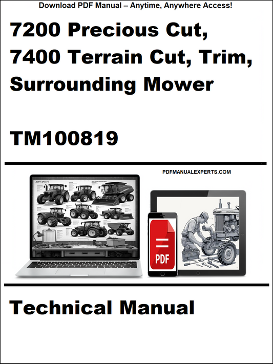 Technical manual cover for 7200 Precious Cut, 7400 Terrain Cut, Trim, Surrounding Mower with a laptop and toolbox graphic.