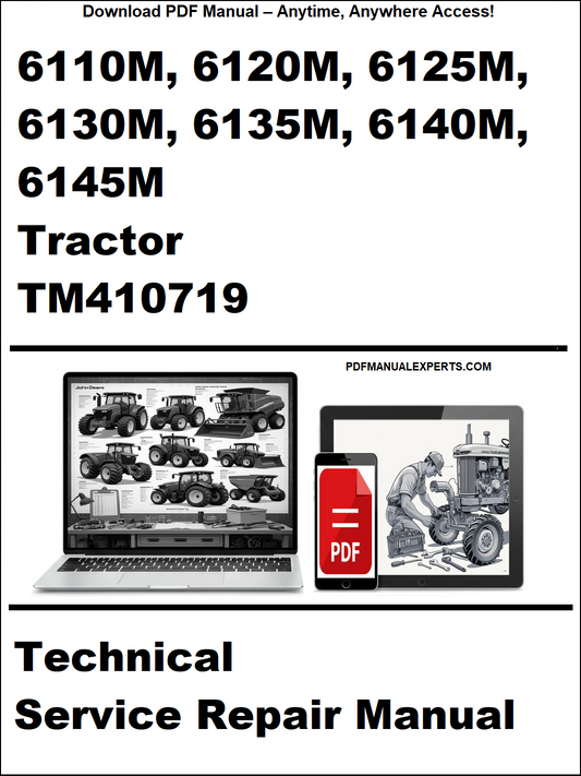 Advertisement for a technical service repair manual for John Deere tractors, featuring a laptop and tablet with tractor images.