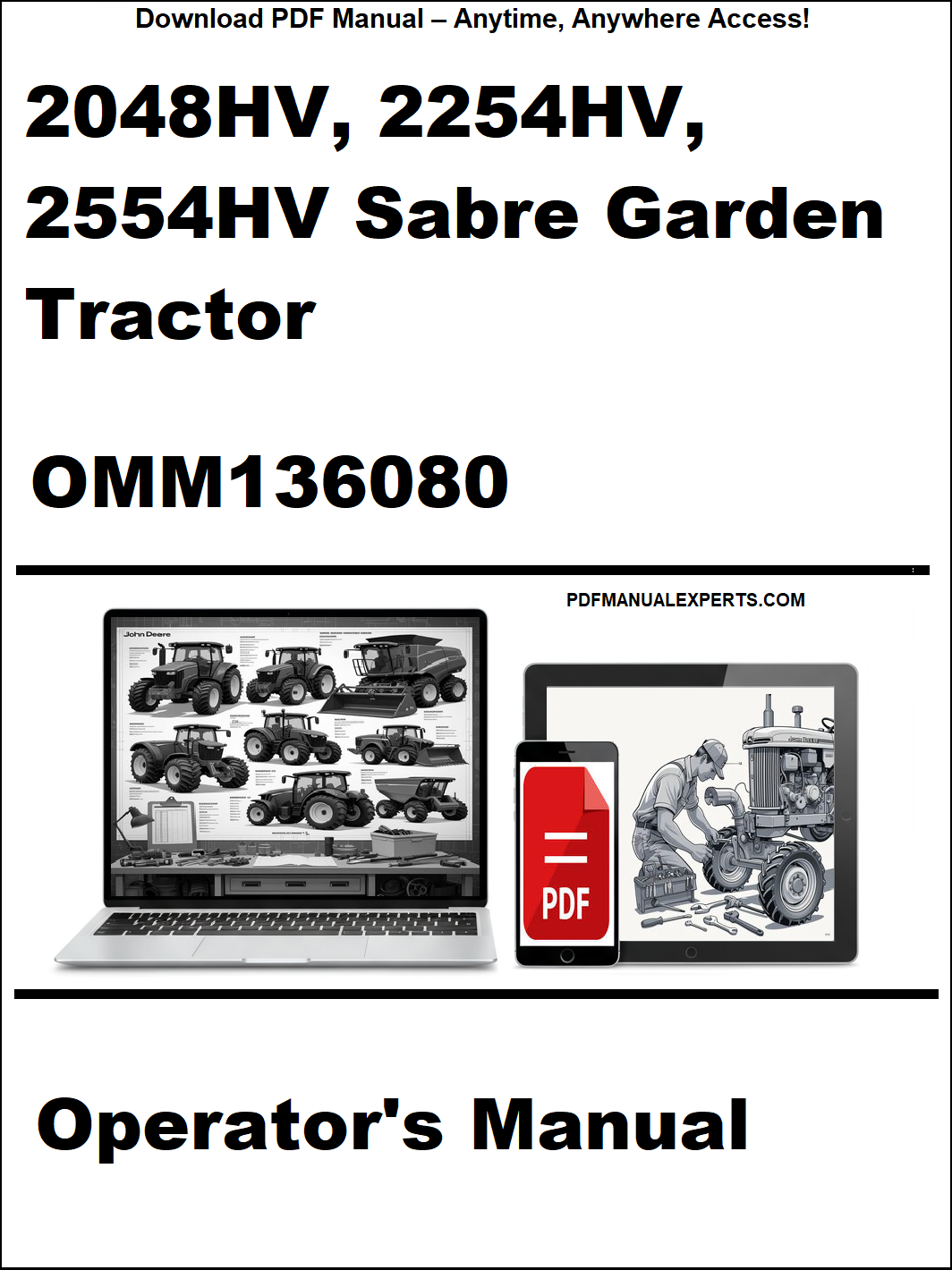 Operator's manual for 2048HV, 2254HV, 2554HV Sabre Garden Tractor with PDF icon and laptop illustration.