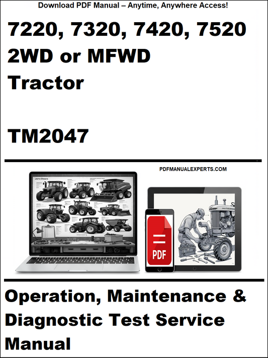 Manual cover for 7220, 7320, 7420, 7520 2WD or MFWD Tractor TM2047 with laptop and tractor images.