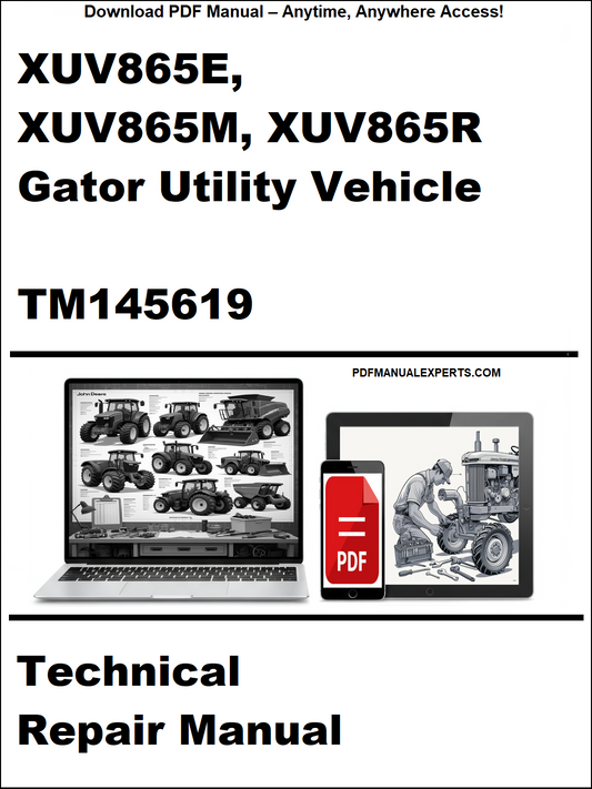 Technical repair manual for Gator Utility Vehicle XUV865E, XUV865M, XUV865R with PDF icon and laptop graphic.