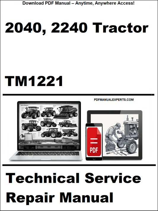 Technical service repair manual for 2040 and 2240 tractor with laptop and toolbox graphic on a white background.
