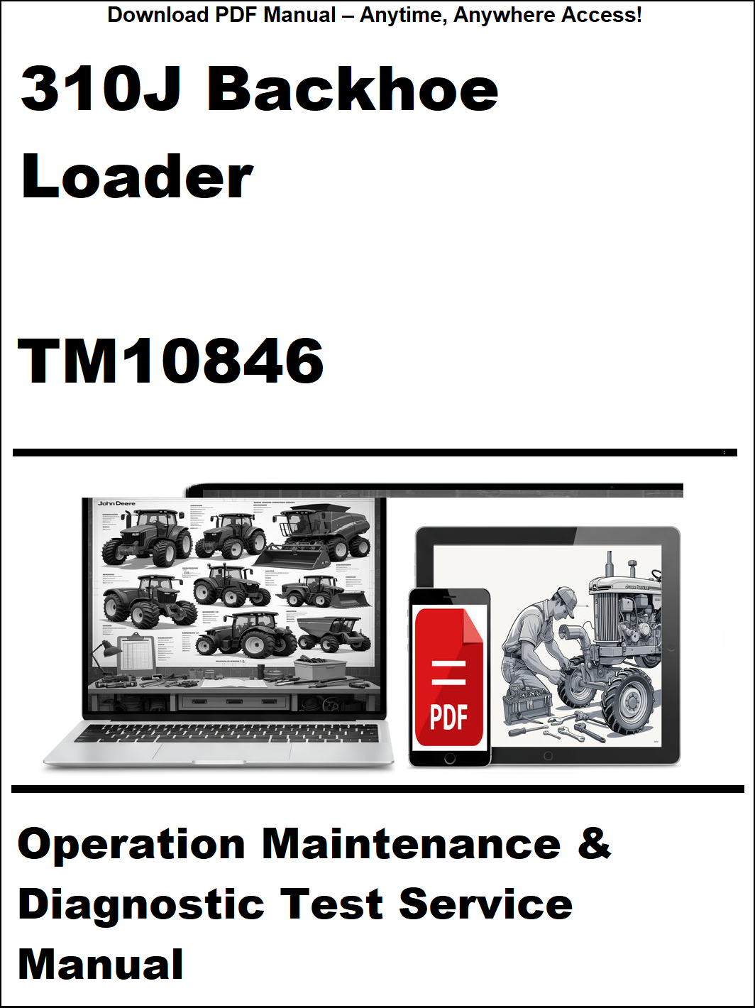 Manual cover for 310J Backhoe Loader TM10846 with laptop and tractor illustration.