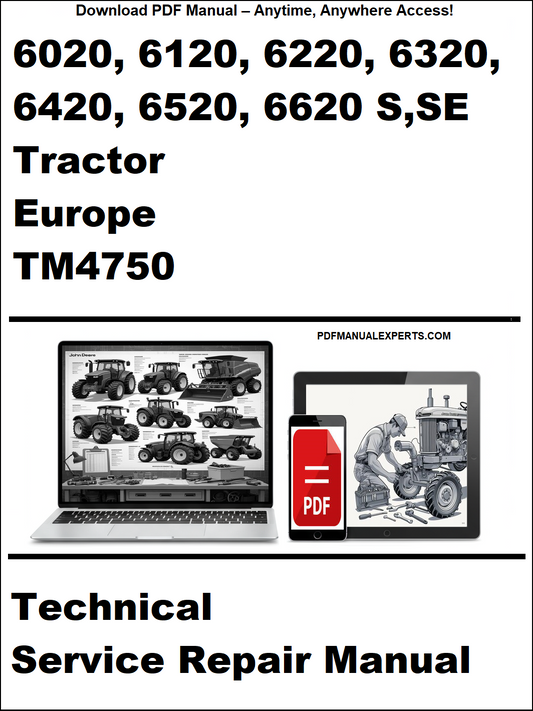 Technical service repair manual for tractors with images of a laptop and tractor on a white background.