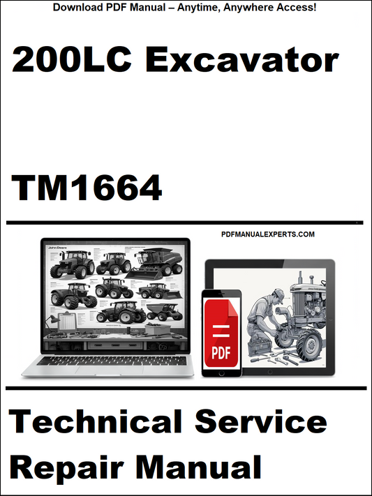 Technical service repair manual for 200LC Excavator TM1664 with PDF icon and laptop illustration on a white background.