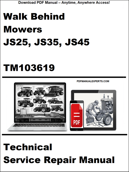 Technical service repair manual for John Deere walk-behind mowers with model numbers JS25, JS35, JS45, and TM103619.