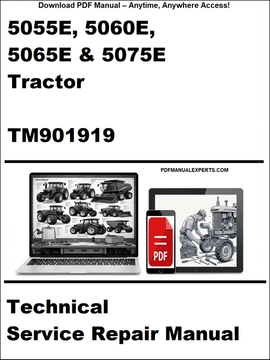 Technical service repair manual for 5055E, 5060E, 5065E & 5075E Tractor with PDF icon and laptop illustration.