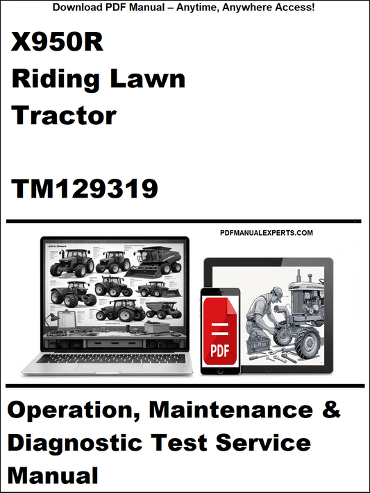 Manual cover for X950R Riding Lawn Tractor TM129319 with laptop and toolbox graphics.
