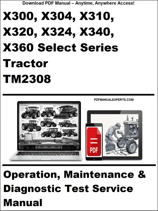 Cover of a manual for John Deere tractors with text and images of a tractor and laptop.