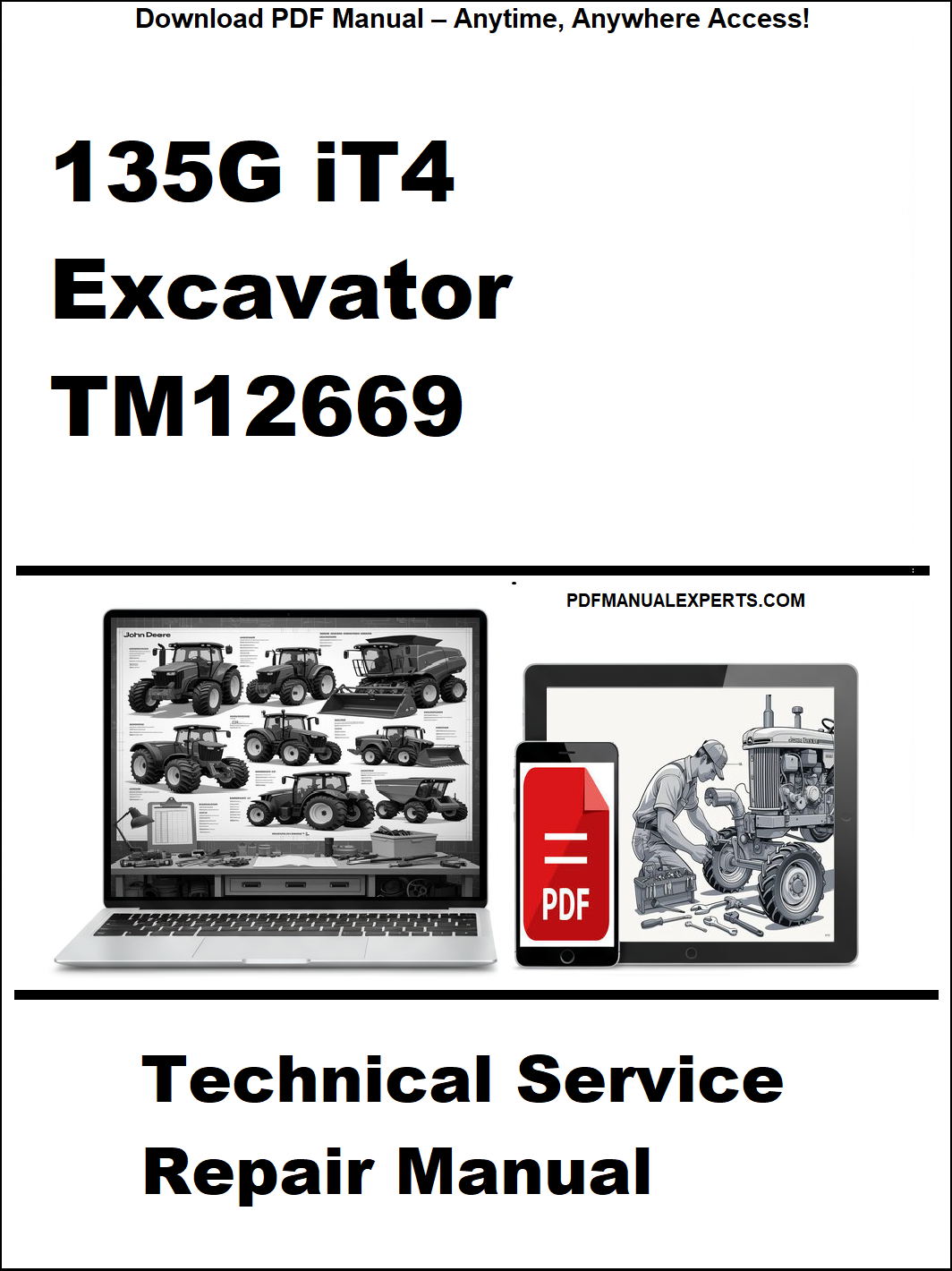 Technical service repair manual for 135G iT4 excavator with a laptop and smartphone icon on a white background.