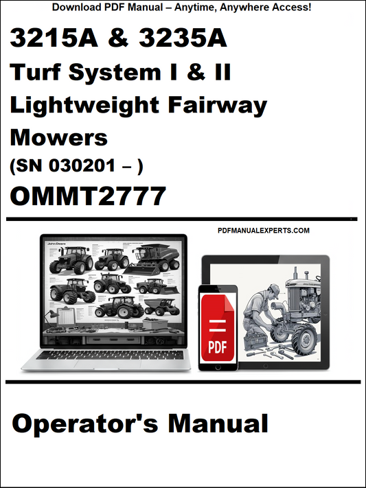 Operator's manual cover for 3215A & 3235A Turf System I & II Lightweight Fairway Mowers with a laptop and toolbox graphic.