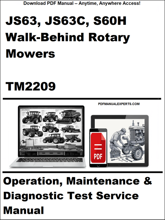 Manual cover for JS63, JS63C, S60H walk-behind rotary mowers with a laptop and diagnostic tool icon.