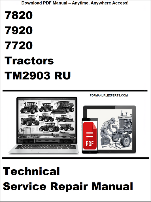 Technical service repair manual for 7820, 7920, 7720 tractors with a laptop and toolbox graphic on a white background.