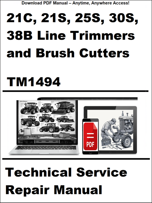 Technical service repair manual cover for 21C, 21S, 25S, 30S, 38B line trimmers and brush cutters with a laptop and smartphone icon.