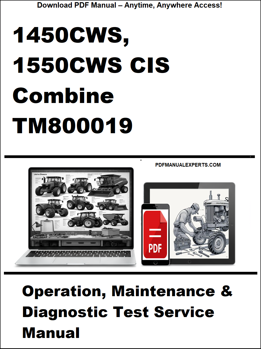 Manual cover for John Deere 1450CWS and 1550CWS CIS Combine with PDF icon and website text.