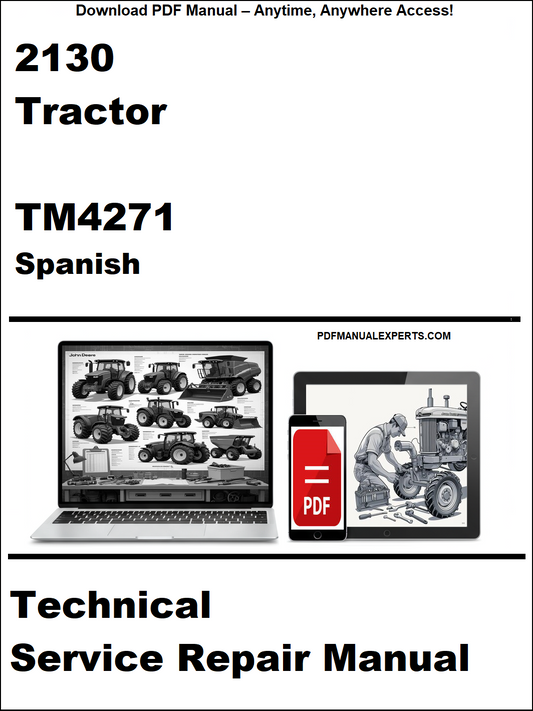Cover of a technical service repair manual for a 2130 tractor in Spanish, featuring images of a tractor and a computer screen with a PDF icon.