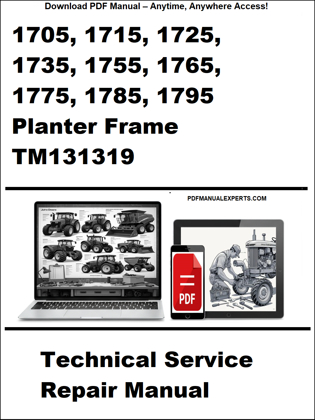 Advertisement for a technical service repair manual on a white background with text and images of a laptop and tractor.