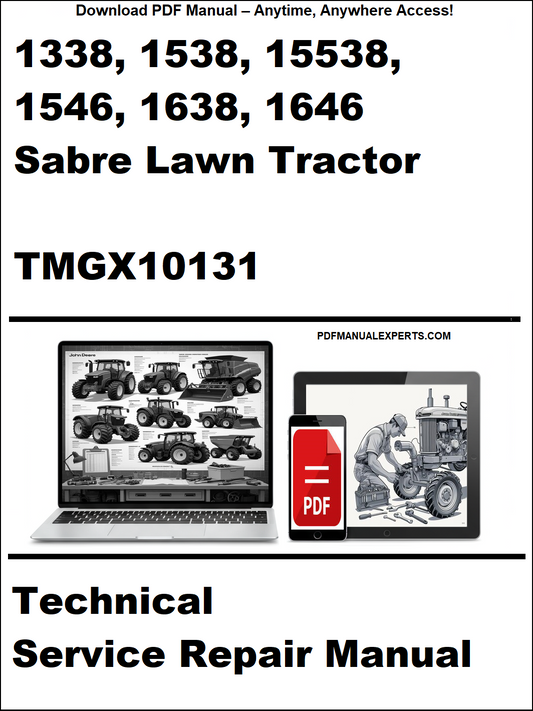 Advertisement for a technical service repair manual for Sabre Lawn tractors on a white background.