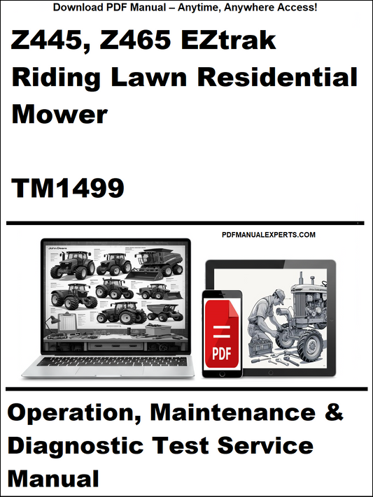 Manual cover for Z445, Z465 EZtrak Riding Lawn Residential Mower TM1499 with laptop and toolbox icons.
