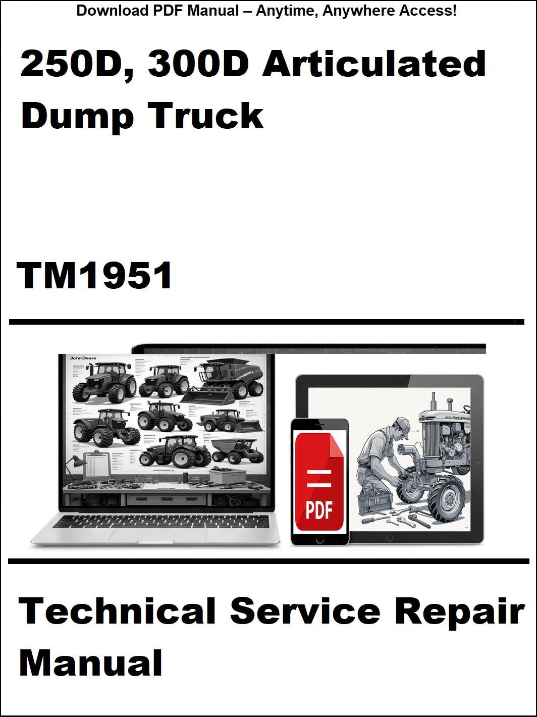 Technical service repair manual for 250D, 300D articulated dump truck with digital device and laptop illustration on a white background.