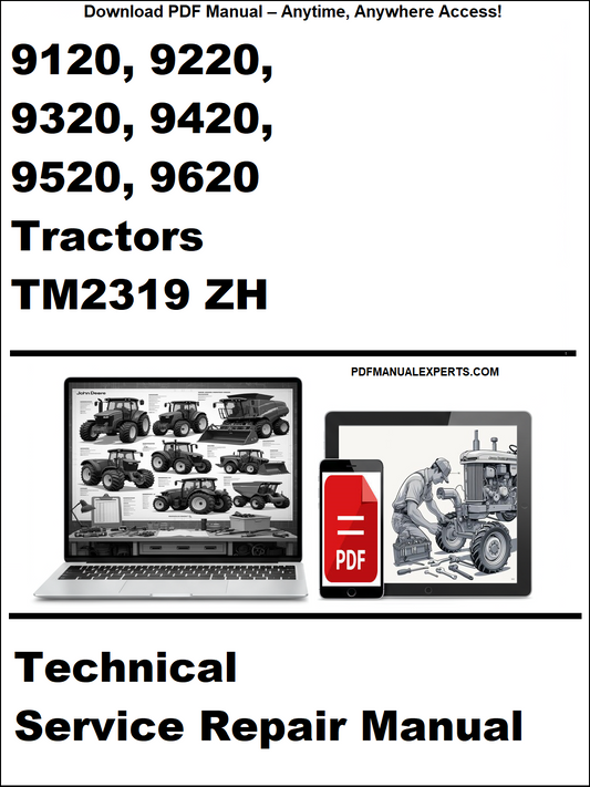 Technical service repair manual for John Deere tractors with a laptop and tractor illustration on a white background.