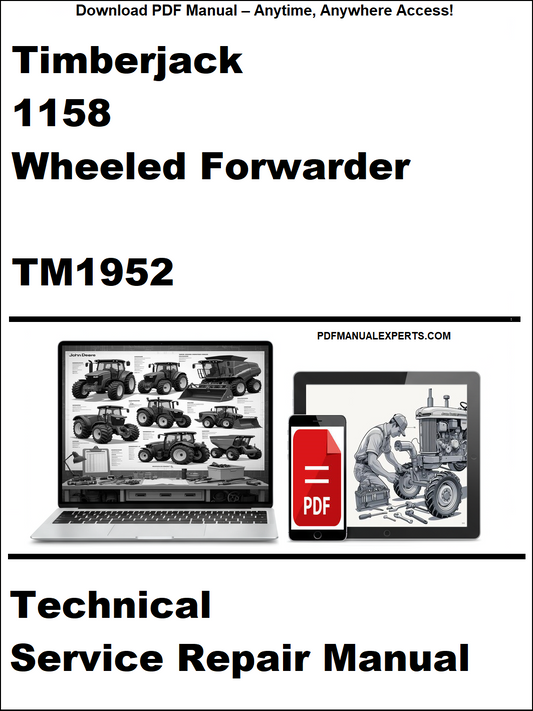 Cover of Timberjack 1158 Wheeled Forwarder TM1952 Technical Service Repair Manual with laptop and truck images.