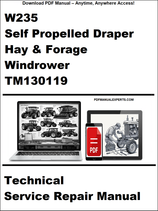 Technical service repair manual for W235 Self Propelled Draper Hay & Forage Windrower TM130119 on a white background.
