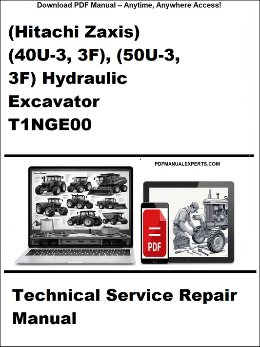 Cover of Hitachi Zaxis hydraulic excavator service repair manual with laptop and phone icons.