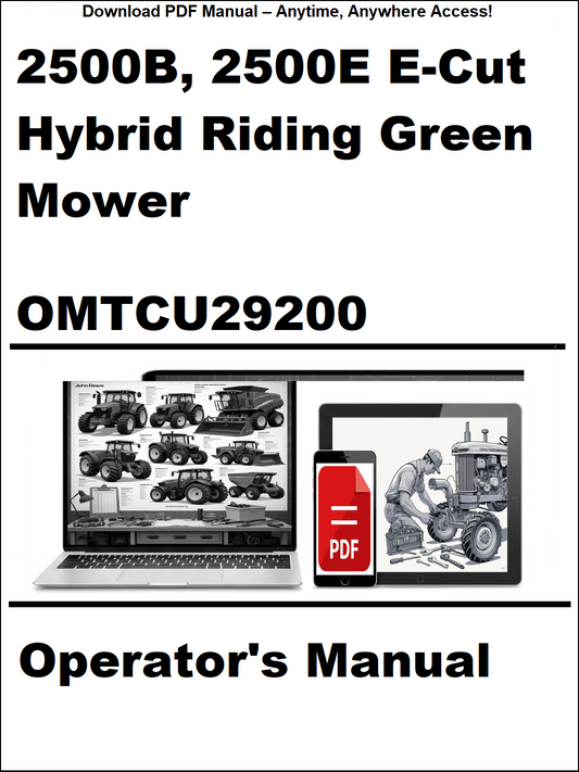 Operator's manual for 2500B, 2500E E-Cut Hybrid Riding Green Mower with digital download icon.