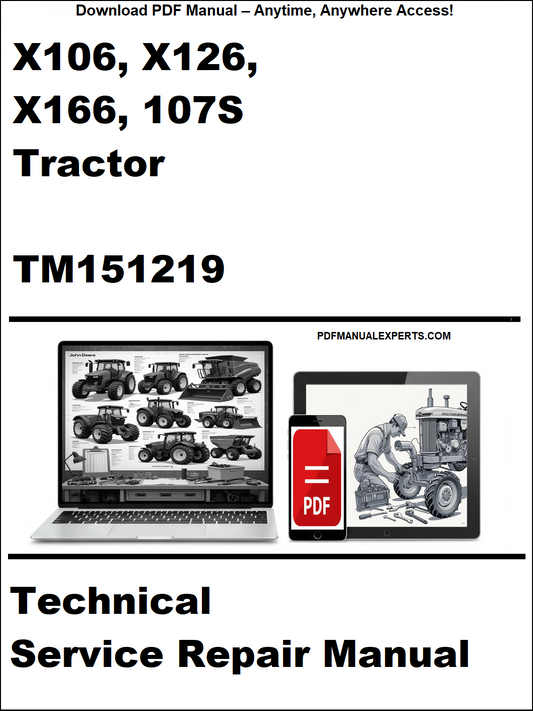 Advertisement for a technical service repair manual for X106, X126, X166, 107S Tractor TM151219 on a white background.