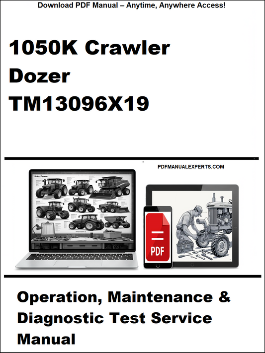 Cover of a manual for John Deere 1050K Crawler Dozer TM13096X19, featuring a laptop and smartphone with icons.