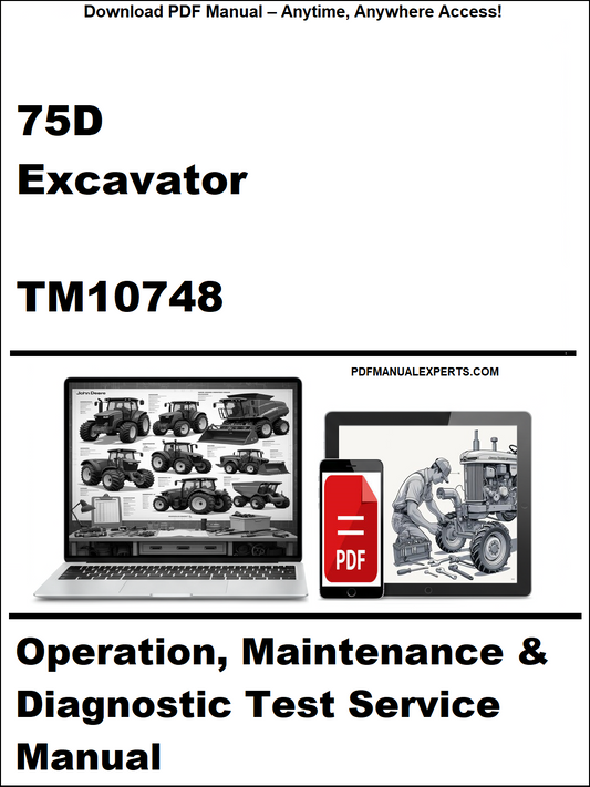 Cover of a technical manual for a 75D Excavator with a laptop and toolbox graphic.