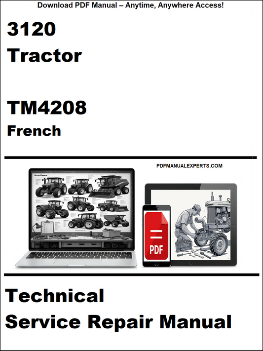 Advertisement for a technical service repair manual for a 3120 tractor in French, featuring images of a laptop and tractor on a white background.