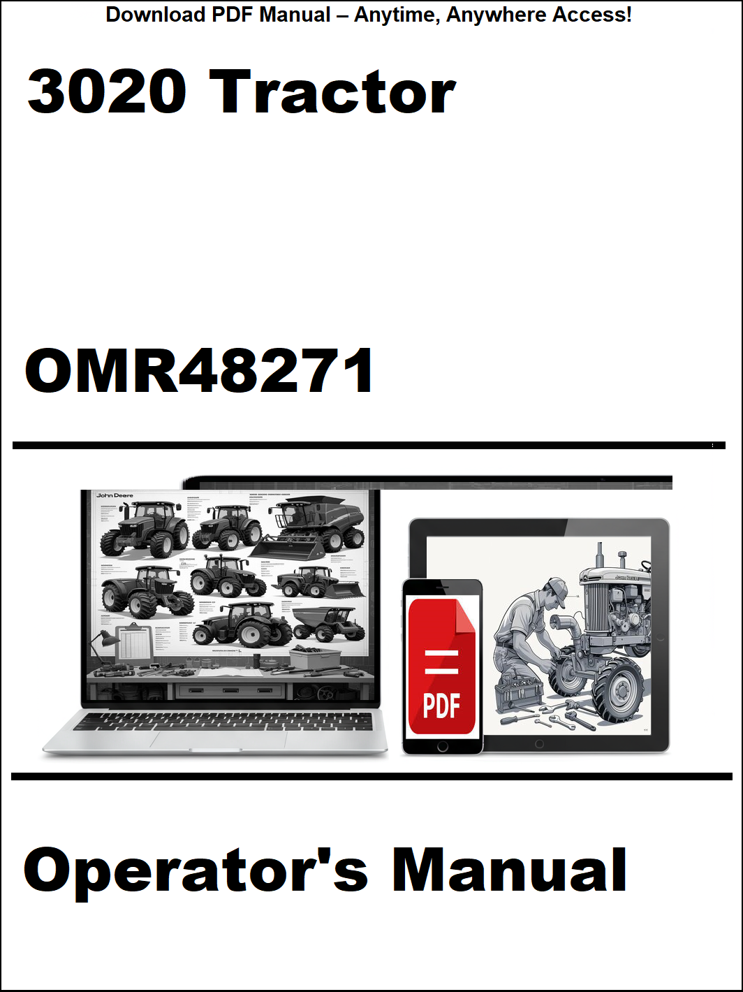 Operator's manual for a combine harvester with a laptop and smartphone icon on a white background.