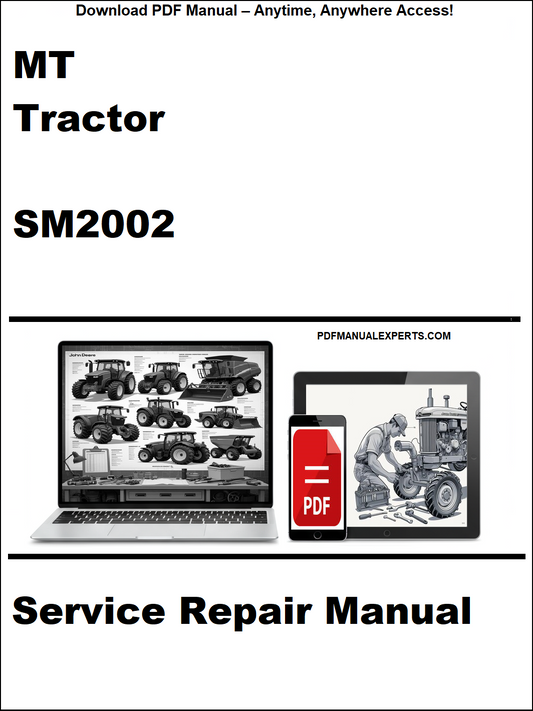 Service repair manual for MT Tractor SM2002 on a white background with laptop and tractor images.
