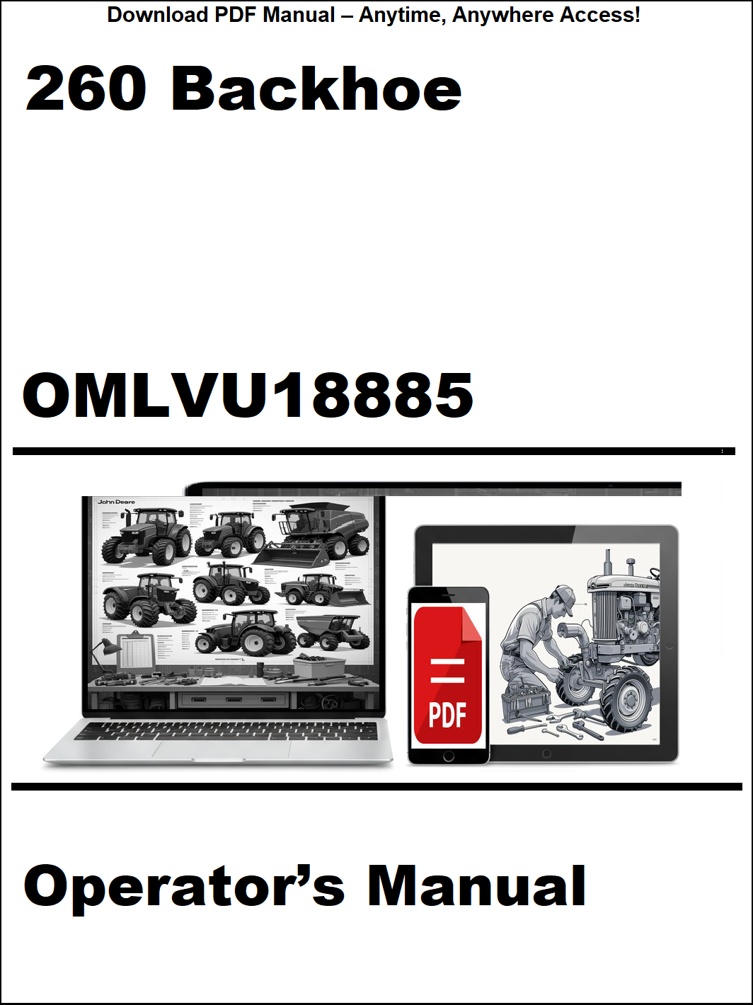 Operator's manual for a 260 Backhoe with OMLVU18885 on a white background