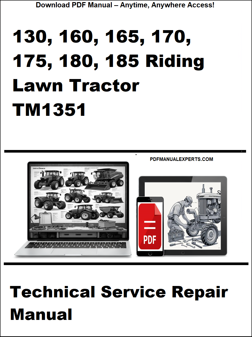 Technical service repair manual for riding lawn tractors with a laptop and toolbox graphic on a white background.