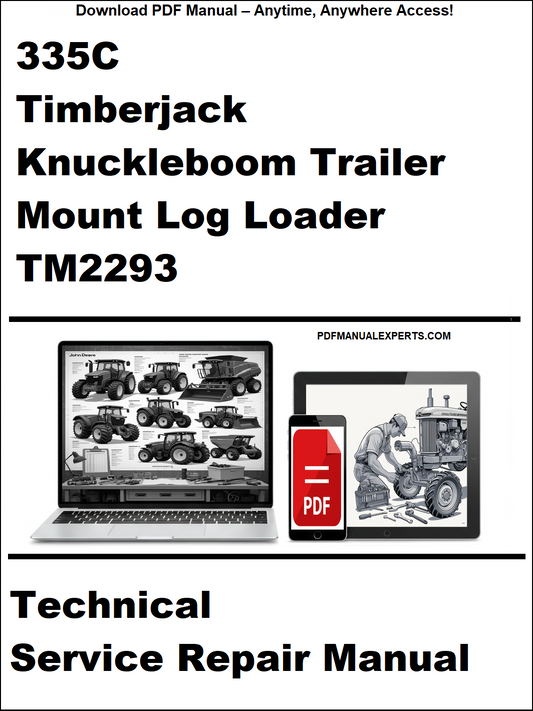 Technical service repair manual for Timberjack 335C Knuckleboom Trailer Mount Log Loader TM2293 on a white background.