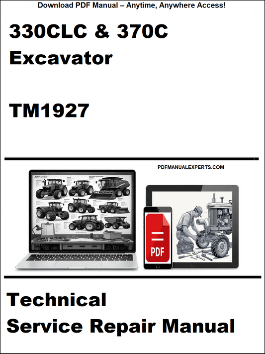 Technical service repair manual for 330CLC & 370C excavator with PDF icon and laptop illustration.