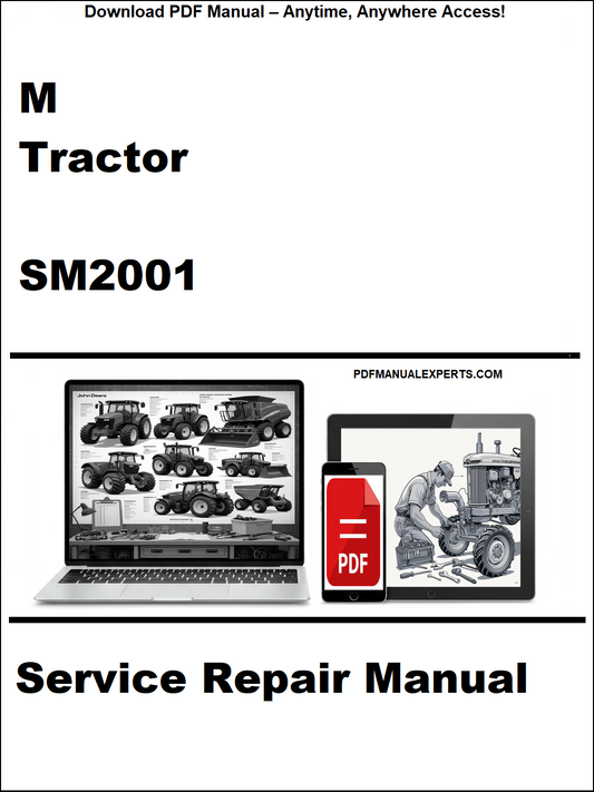 Service repair manual for M Tractor SM2001 with laptop and tractor images on a white background.