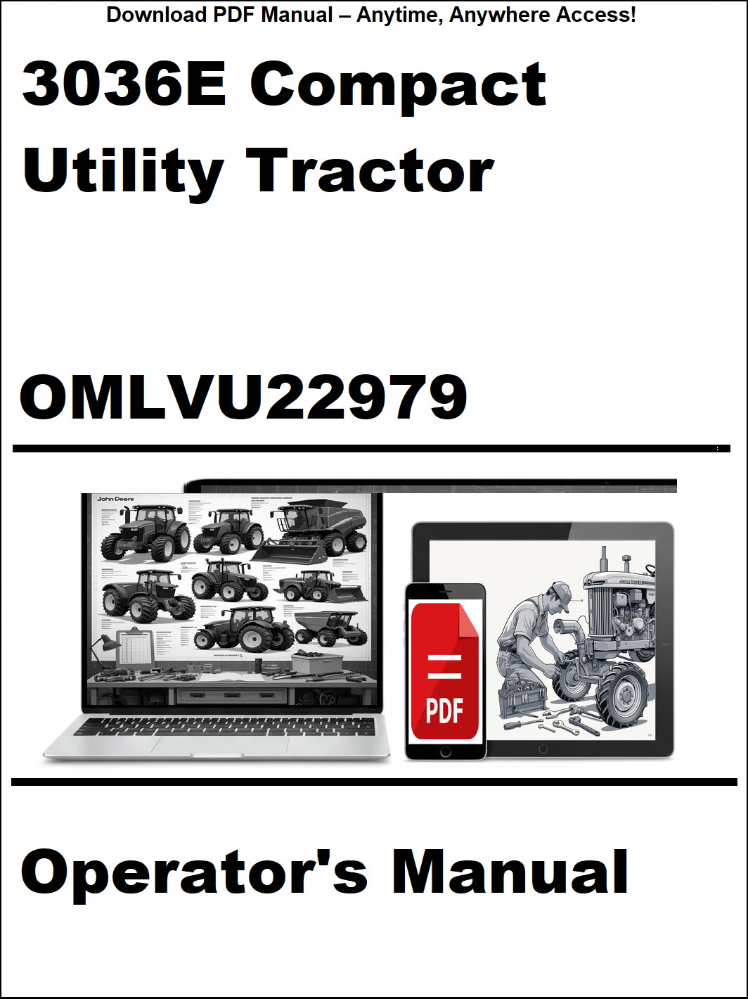 Operator's manual for 3036E Compact Utility Tractor with digital device icon on a white background