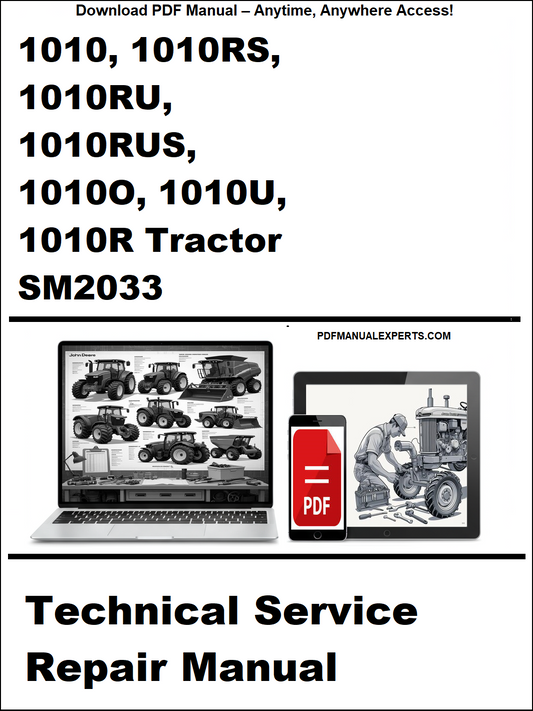 Technical service repair manual for John Deere tractors with a laptop and toolbox graphic on a white background.