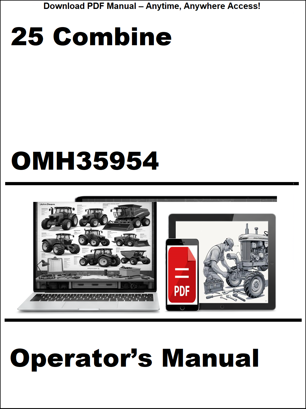 Operator's manual for a combine harvester with a laptop and smartphone icon on a white background.