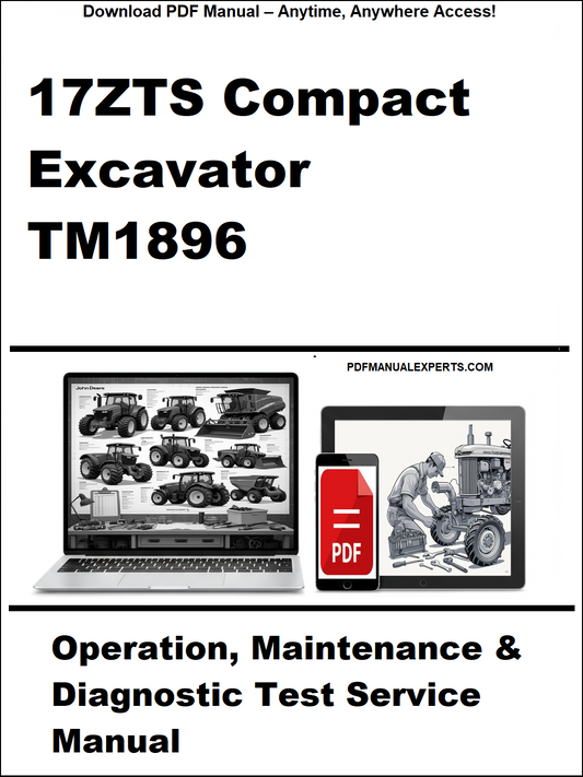 Cover of a manual for 17ZTS Compact Excavator TM1896 with a laptop and smartphone displaying the manual on a white background.
