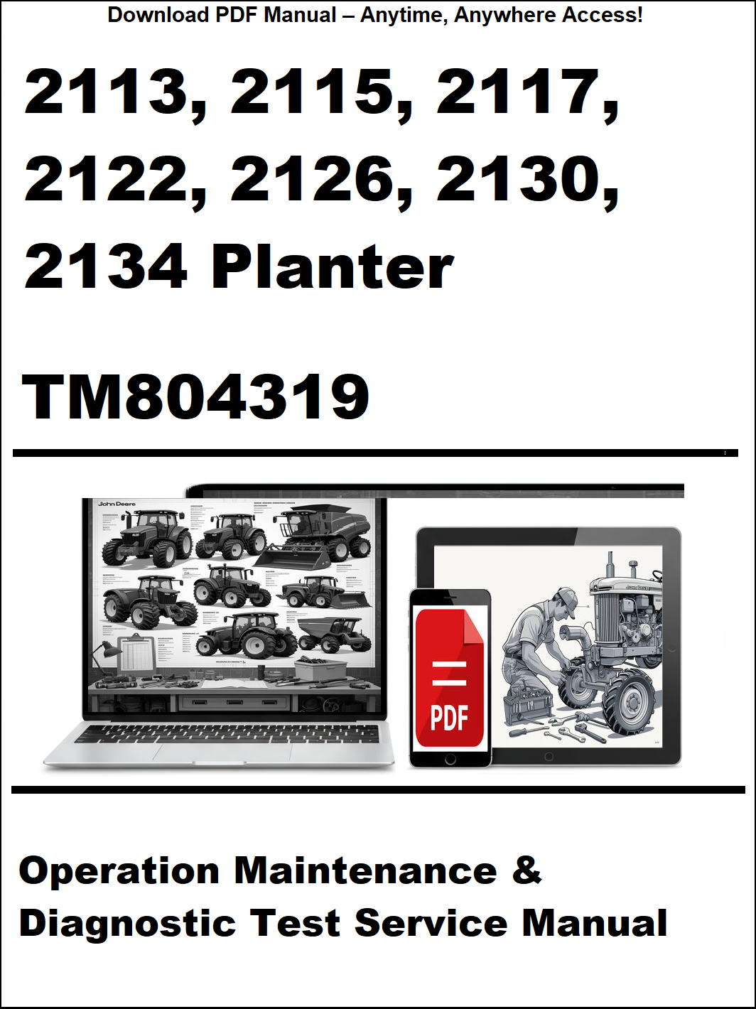 Manual cover for 2113, 2115, 2117, 2122, 2126, 2130, 2134 planter with laptop and tractor illustration.
