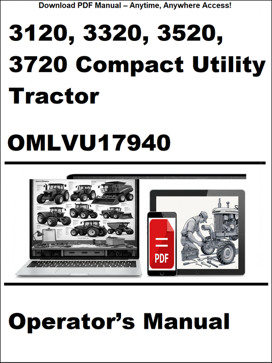 Cover of the operator's manual for 3120, 3320, 3520, 3720 Compact Utility Tractor with a laptop and tractor illustration.
