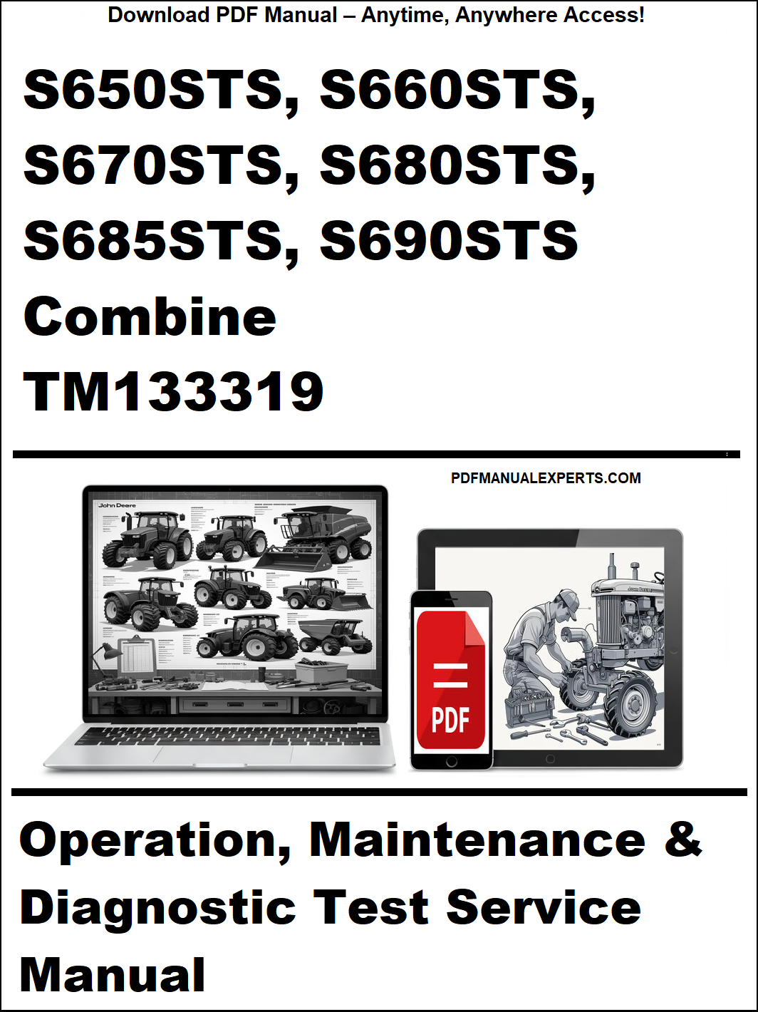 Cover of a manual for John Deere combine models S650STS to S690STS with a laptop and toolbox graphic.