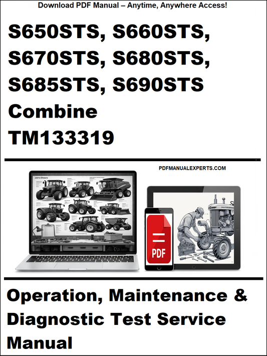 Cover of a manual for John Deere combine models S650STS to S690STS with a laptop and toolbox graphic.