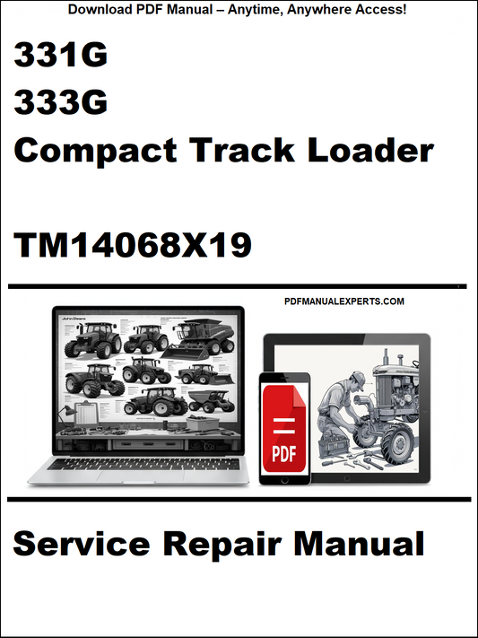 Service repair manual cover for 331G and 333G compact track loaders with a laptop and toolbox graphic.